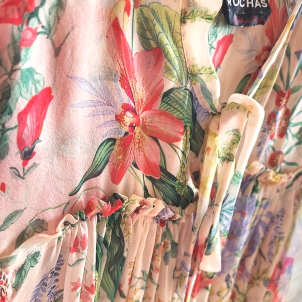 ROCHAS Gorgeous Silk ITALY Flowers Tie Bow Neck Luxury LS Sheer Blouse EUC LN 40 - Picture 4 of 16